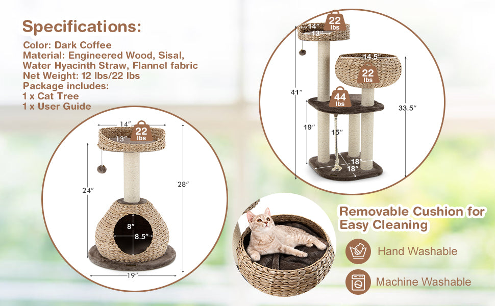 Tangkula Modern Cat Tree for Indoor Cats, 41 Inch Tall Cat Tree with Hand-Made Wicker Cat Condo & Top Perch for Large Cats