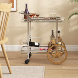 Tangkula Bar Cart for The Home, 2-Tier Rolling Tempered Glass Serving Cart, 2 Large Gold Aluminum Wheels & 2 Casters