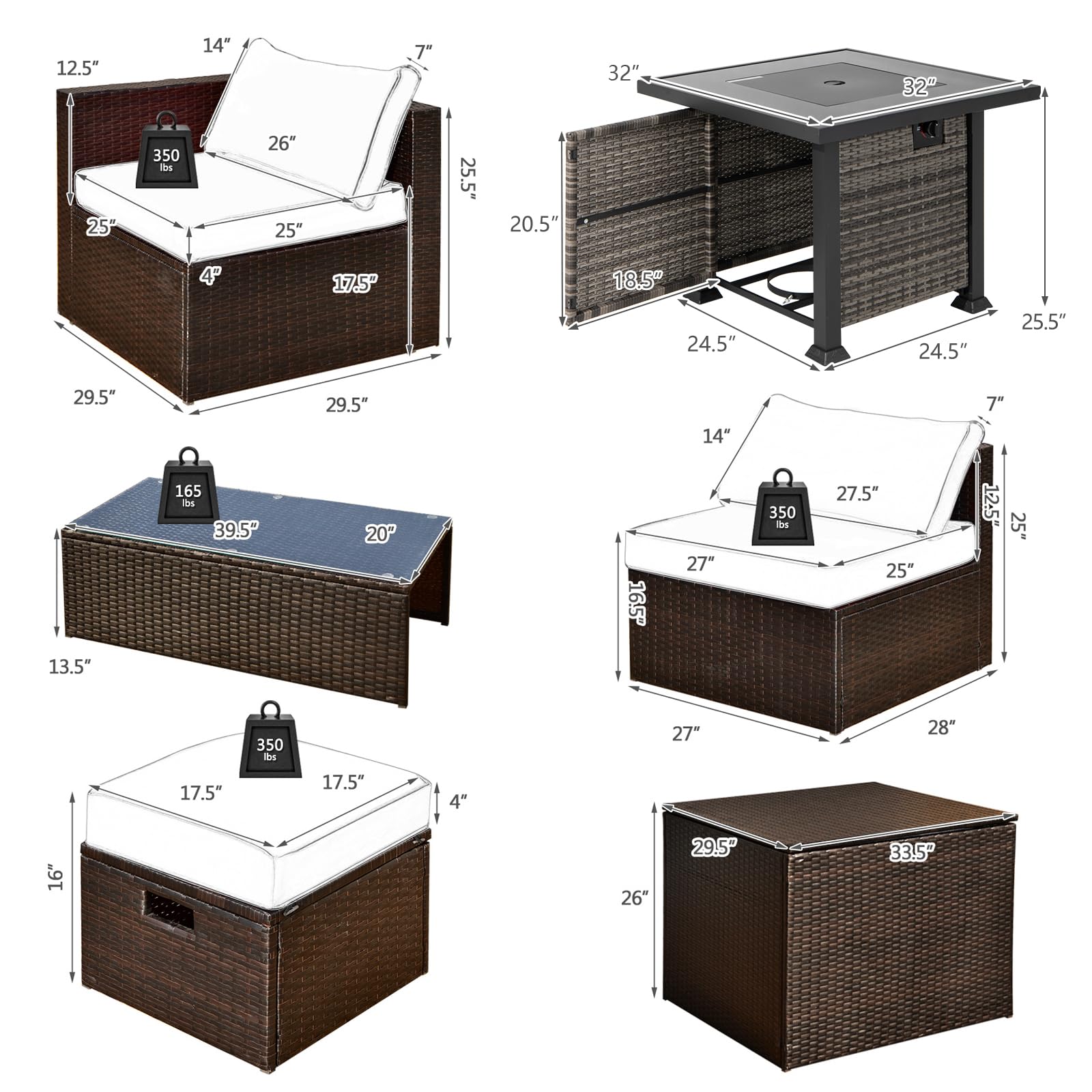 9 Pieces Patio Furniture Set with 50,000 BTU Propane Fire Pit Table - Tangkula
