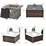 Tangkula 7 Pieces Patio Furniture Set with 50,000 BTU Fire Pit Table, Outdoor PE Wicker Conversation Sofa Set with Cushions