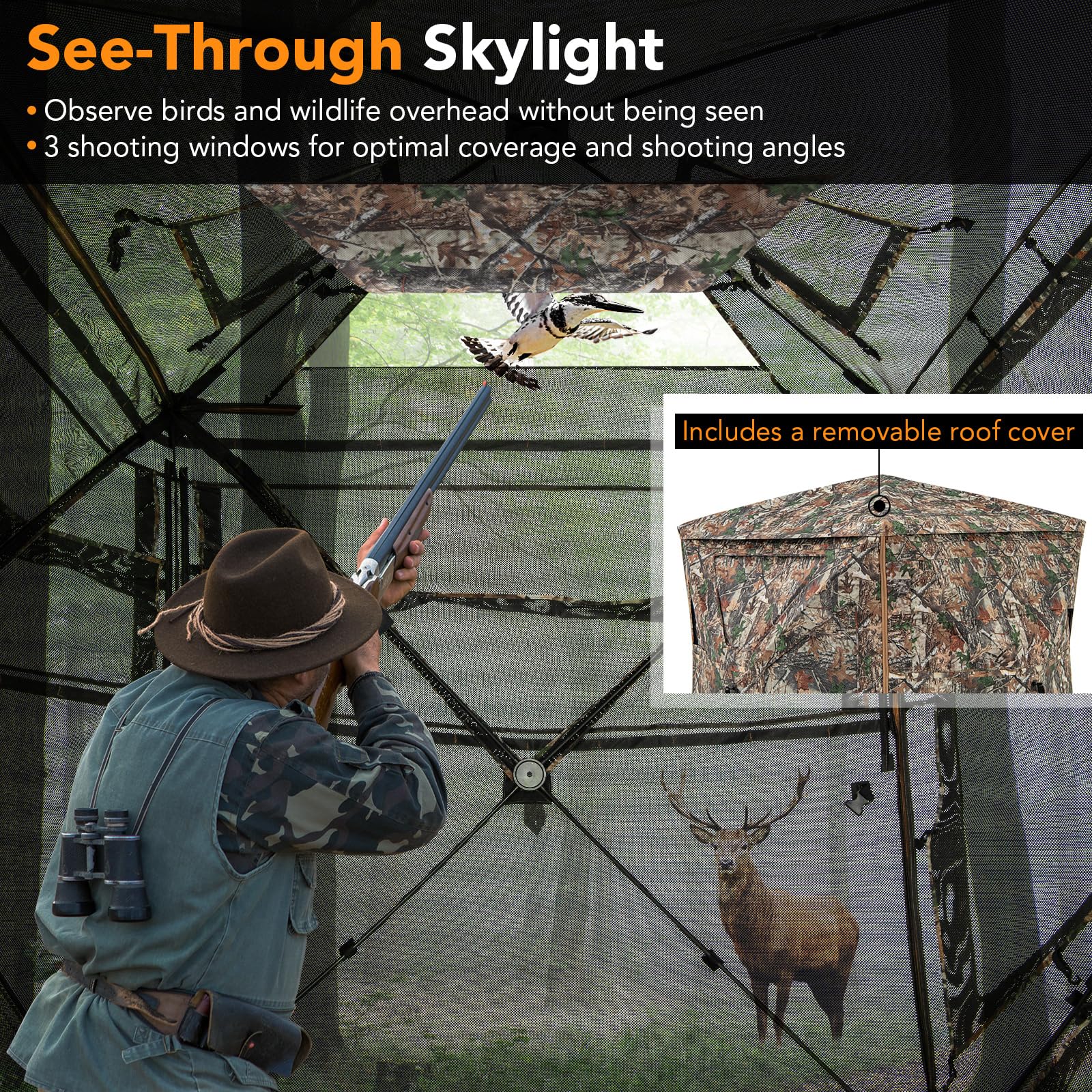 Kalkal Pop Up Hunting Blind - 2-3 Person Hexagonal Blind With 300° See-Through Windows