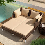 Tangkula Outdoor Rattan Double Daybed with Retractable Canopy