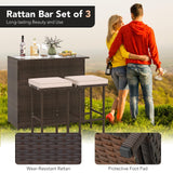 Tangkula 3 Pcs Patio Bar Set, Outdoor Rattan Bar Table and 2 Stools with Tempered Glass Tabletop, 2-Tier Storage
