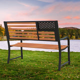Tangkula 50” Outdoor Garden Bench, 2-Person Metal Patio Chair with Flag Pattern Backrest & Rustic Wood Grain Finish