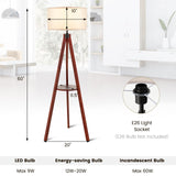 Tangkula Tripod Floor Lamp, Mid Century Wood Standing Lamp with Storage Shelves