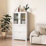 Tangkula Bathroom Floor Storage Cabinet with 2 Drawers and 2 Frosted Glass Doors