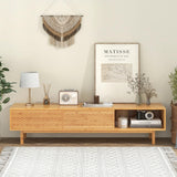 Tangkula Bamboo TV Stand for 65” 70” TVs, 63” Mid Century Modern TV Console Table with Sliding Doors & 3 Storage Compartments