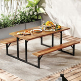 Tangkula 6-Person Acacia Wood Picnic Table with 2 Built-in Benches