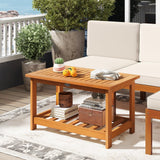 Tangkula Outdoor Patio 29.5” Rectangle Slatted 2 Tier Coffee Table with Storage Shelf