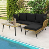 Tangkula Outdoor Wicker Furniture Set, 3-Piece L-Shaped Patio Sofa with Cushions & Tempered Glass Table