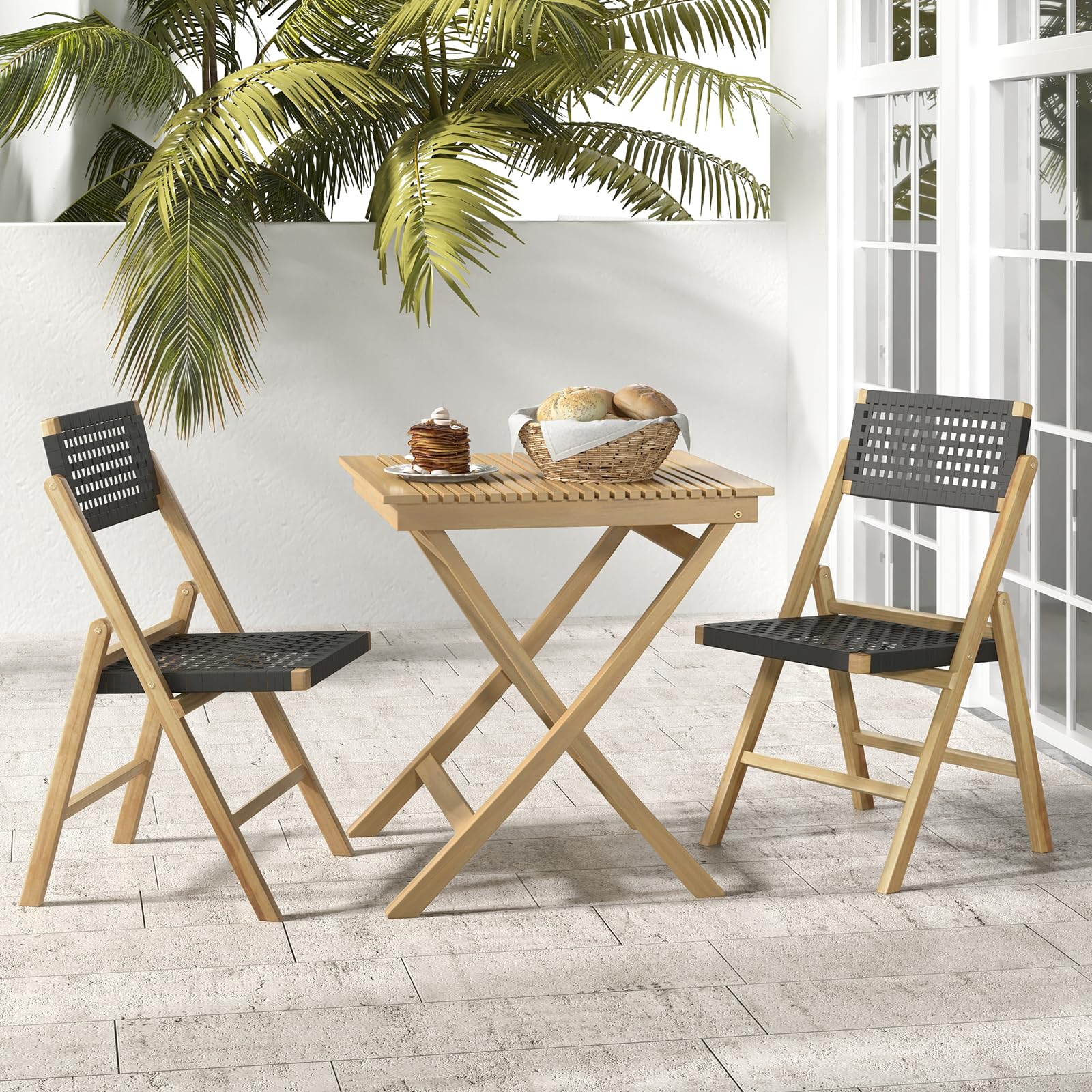 Tangkula Set of 2 Patio Folding Chairs, Solid Teak Wood Dining Chairs with Woven Rope Seat & Back