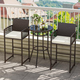 Tangkula Outdoor Heavy Duty Wicker Bar Height Table & 2 Cushioned Barstools