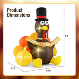 Tangkula 5 FT Thanksgiving Inflatable Turkey with Pumpkin, Blow up Decoration with LED Lights