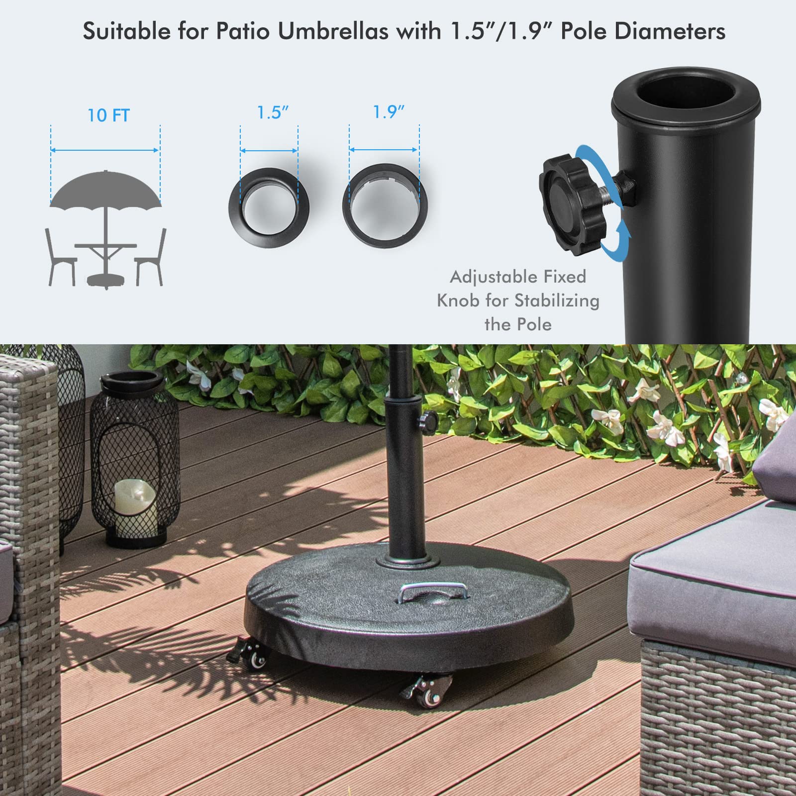 heaviest patio umbrella stand QZER Base with Wheels, Umbrella Heavy Duty 100lb Windproof The 20 x 20 (L x W) large square base increases the contact area for enhanced stability and safety Tangkula Patio 51 lbs 20.5"