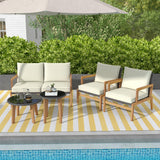 Tangkula 5 Piece Rattan Furniture Set, Patiojoy Wicker Sofa Set with Solid Acacia Wood Frame & 2 Tempered Glass Coffee Tables