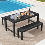 Tangkula HDPE Outdoor Dining Table 67” Patio Table with Wood-Like Tabletop and Umbrella Hole
