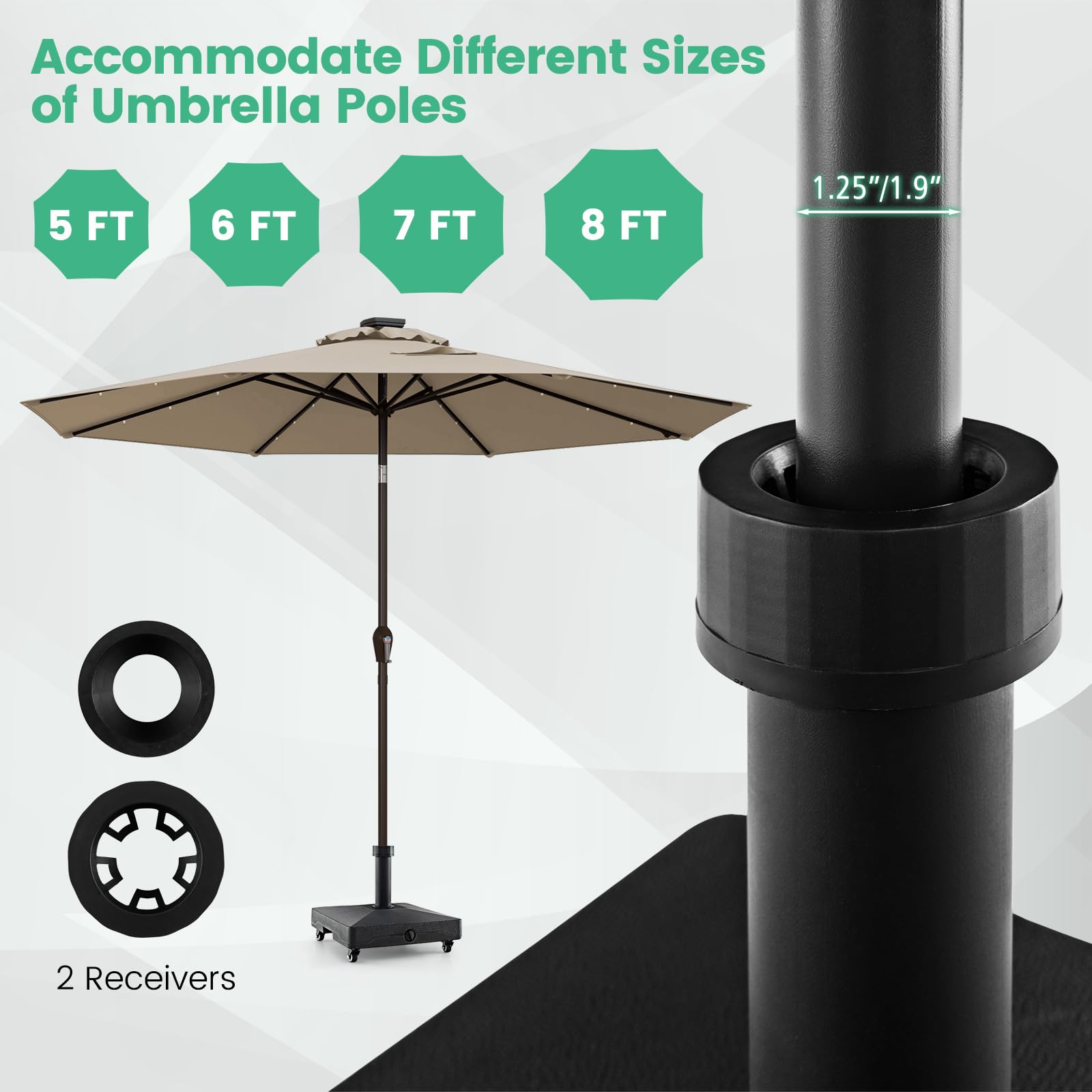 4 foot patio umbrella with stand Tangkula Patio Umbrella Base, Heavy-Duty 54 lbs Market Stand w/4 Universal Wheels, 2 Receivers, Square Pole Stand