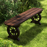 Tangkula Patio Rustic Wood Bench, Carbonized Wood Long Bench with Wagon Wheel Base, Slatted Seat Design
