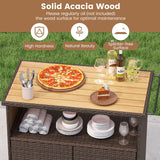 Tangkula Rattan Outdoor Storage Cabinet with Acacia Wood Countertop Open Compartment Storage Shelf