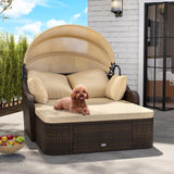 Tangkula Patio PE Rattan Daybed with Retractable Canopy, Double Lounge Bed with Soft Cushions and Extra Pillows
