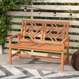 Tangkula Outdoor Bench Wood 2-Person Patio Loveseat Chair with Geometric Backrest
