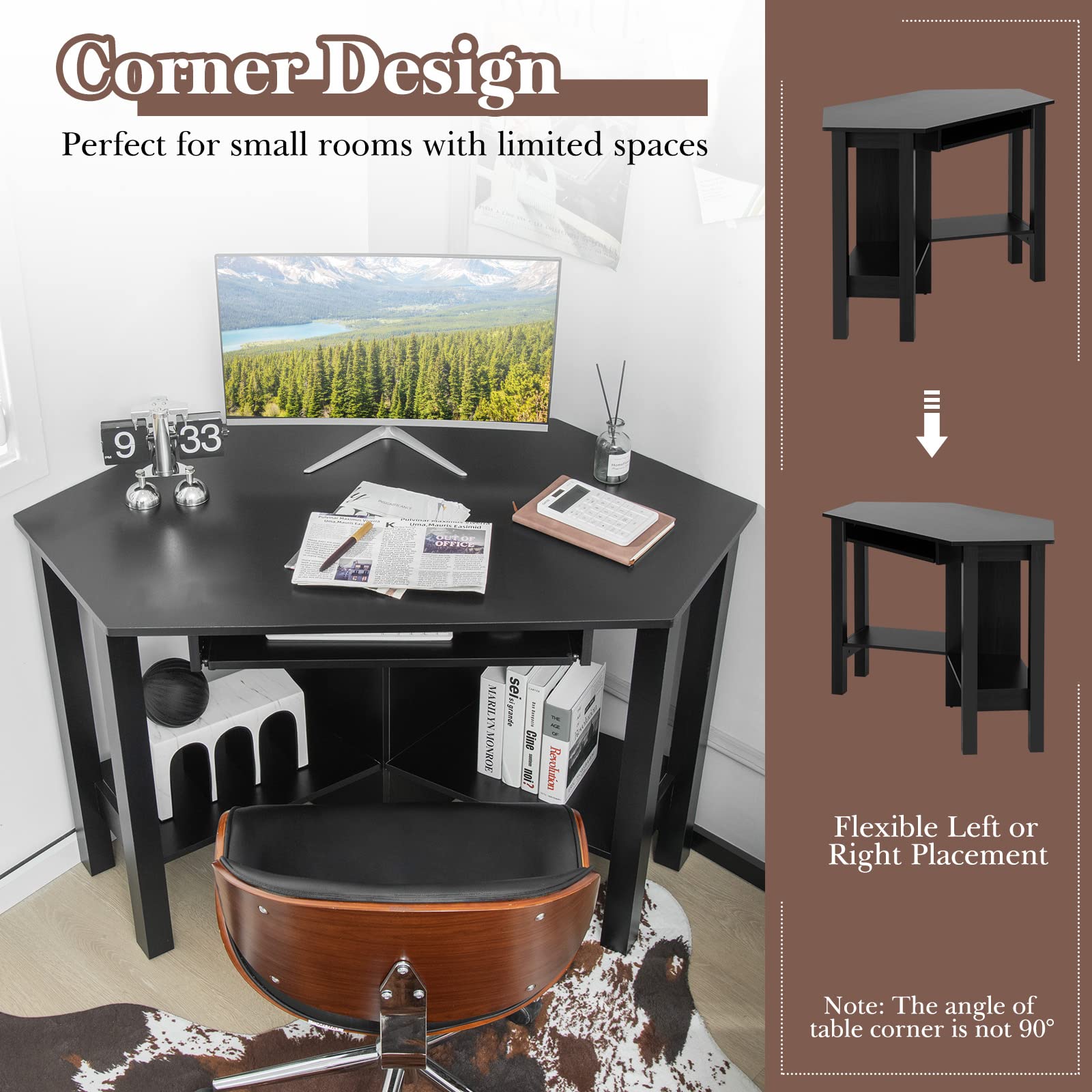 Corner Computer Desk with Smooth Keyboard Tray for Small Space - Tangkula