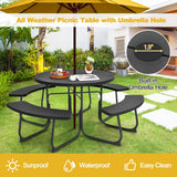 Tangkula 8 Person Picnic Table, Outdoor Round Picnic Table with 4 Built-in Benches, Umbrella Hole