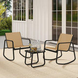 Tangkula 3 Pieces Patio Conversation Set, Outdoor Metal Chair & Table Set, Breathable Fabric & Tempered Glass Tabletop