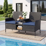 Tangkula Patio Loveseat | Outdoor Wicker 2-Seat Bench with Built-in Glass Side Table