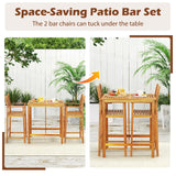 Tangkula 3 Piece Patio Bar Table & Chairs, Outdoor Acacia Wood Bar Set w/Slatted Seat & Tabletop