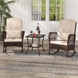 Tangkula 3 Piece Patio Rocker Set, Patiojoy Outdoor Wicker Rocking Chairs w/Double-Layer Coffee Table