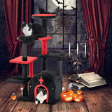 Tangkula Gothic Cat Tree, 53 Inch Black Cat Tower with Coffin Cat Bed, Spider Pompom & Spring Balls