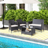 Tangkula 4 Pieces Patio Furniture Set, Patiojoy Outdoor PE Wicker Conversation Set with Soft Cushions and Tempered Glass Tabletop