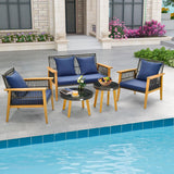 Tangkula 5 Piece Outdoor Conversation Set, Patiojoy Rattan Chair Set with 2 Coffee Tables, Stable Acacia Wood Frame