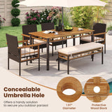 Tangkula 6 Pieces Patio Dining Table Set with 1.97” Umbrella Hole & Cushioned Backless Bench & 4 Armchairs