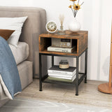 Tangkula Square End Table, 16” Wood Top Sofa Side Table with Metal Frame, Storage Cube & Mesh Shelf