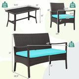 Tangkula 4 Pieces Rattan Conversation Set, Patio Sofa Couch Set with Tempered Glass Coffee Table