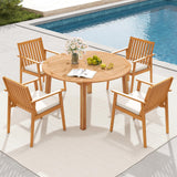 Tangkula 5 Pieces Outdoor Acacia Table and Chairs with Umbrella Hole and Soft Cushions