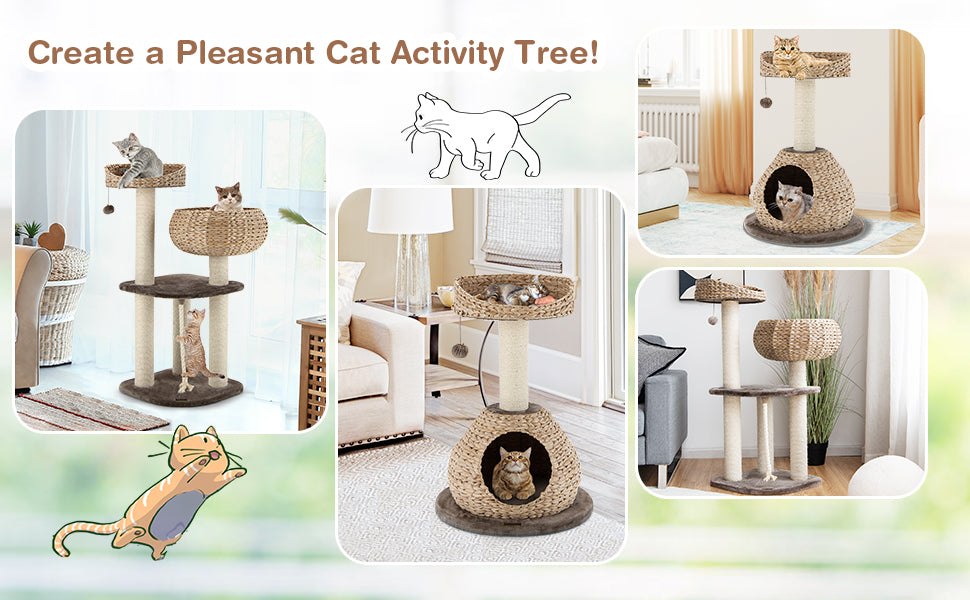 Tangkula Modern Cat Tree for Indoor Cats, 41 Inch Tall Cat Tree with Hand-Made Wicker Cat Condo & Top Perch for Large Cats