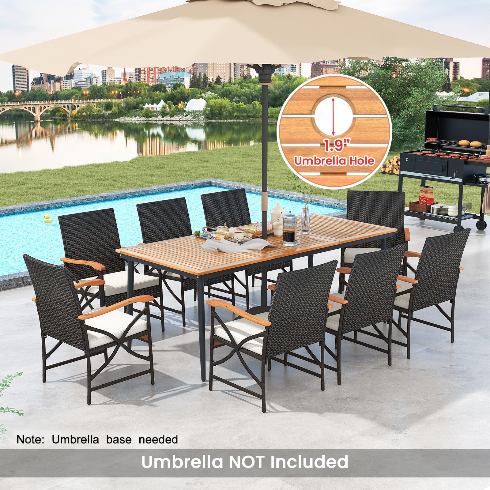 inexpensive 9 piece patio set with umbrella Tangkula 9-Piece Patio Dining Set, 79" Outdoor Acacia Wood Dining Table & 8 Rattan-Woven Dining Chairs with 1.9" Umbrella Hole