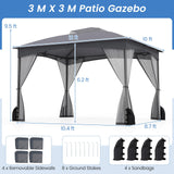Tangkula 10 X 12 FT Patio Gazebo with Netting Walls Soft Top Double Roof Canopy with 4 Sandbags