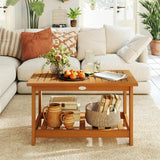 Tangkula Outdoor Patio 29.5” Rectangle Slatted 2 Tier Coffee Table with Storage Shelf