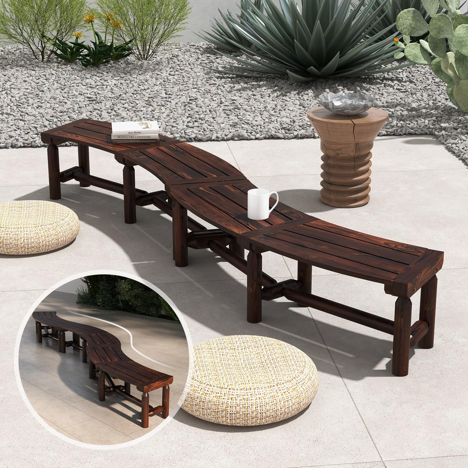 Tangkula Patio Curved Bench, Carbonized Wood Dining Bench for Round Table, Spacious & Slatted Seat