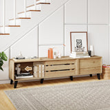 Mid Century Modern TV Stand for 80 Inch TVs with Sliding Door Cabinets and Storage Shelves