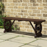 Tangkula Patio Rustic Wood Bench, Carbonized Wood Long Bench with Wagon Wheel Base, Slatted Seat Design