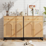 Tangkula Bathroom Storage Cabinet with Rattan Doors & Drawer, Sideboard Buffet Cabinet Coffee Bar(Farmhouse, Natural)