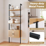 Tangkula Wall-Mounted Ladder Shelf with Rattan-Door Cabinet