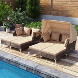 Tangkula Outdoor Rattan Double Daybed with Retractable Canopy