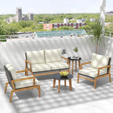 Tangkula 5 Piece Rattan Furniture Set, Patiojoy Wicker Sofa Set with Solid Acacia Wood Frame & 2 Tempered Glass Coffee Tables