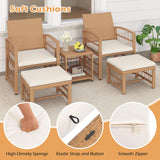 Tangkula 5 Piece Patio Wicker Conversation Set Includes 2 Armchairs, 2 Ottomans & 2-Tier Side Table